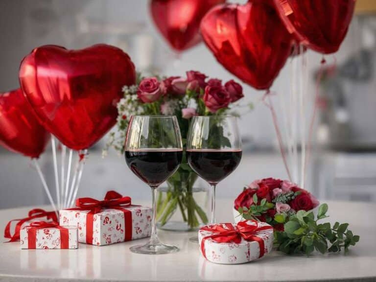 cadeaux romantiques classiques avec vin fleurs et ballons cœur